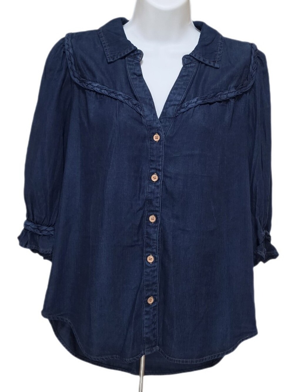 Wit & Wisdom Western Yoke Button Down Woven Shirt Elbow Blousson Sleeve Indigo S